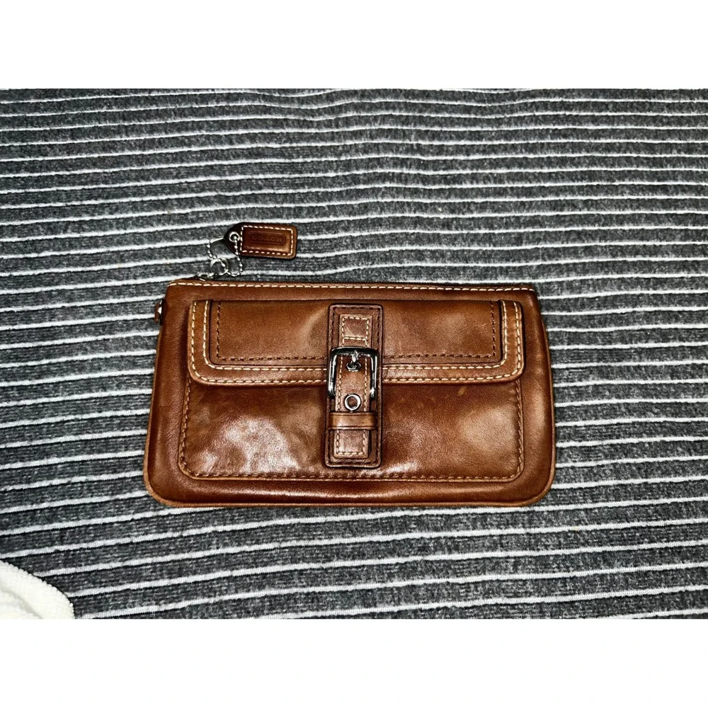 Coach Vintage Brown Leather Buckle Front Zipper Clutch Bag